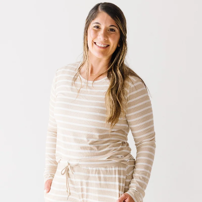 Tan Wide Stripe Small Ribbed Women's Long Sleeve Top Classic Women's Pin - striped