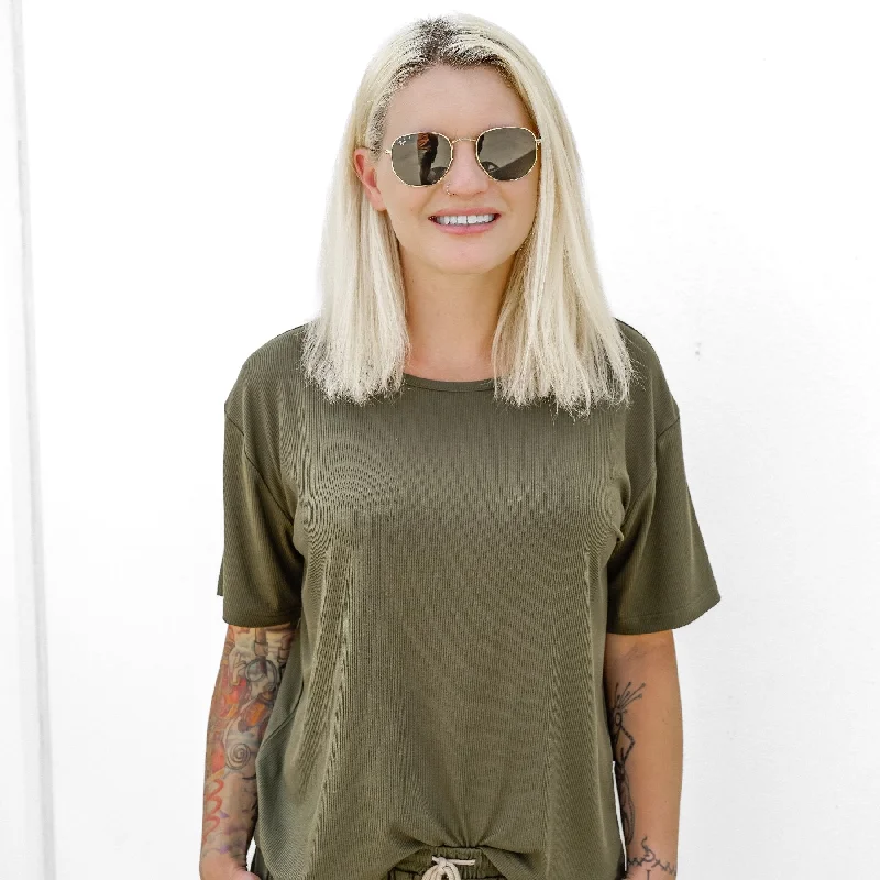 Pine Green Small Ribbed Women's Short Sleeve Top Cozy Women's Sherpa - lined